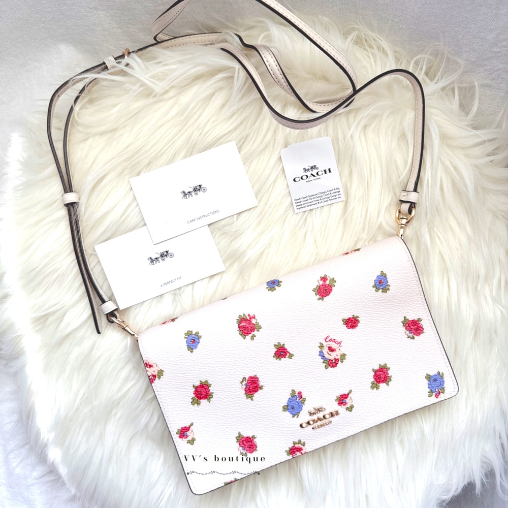 NWT Coach Hayden Foldover Crossbody Clutch Vintage Rosebud Print Chalk 76211